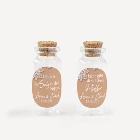 Gastgeschenk Mini Glasröhrchen mit Aufkleber Salz & Pfeffer "Vintage Spitze" 2er Set online selbst gestalten