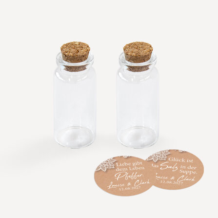 Gastgeschenk Mini Glasröhrchen mit Aufkleber Salz & Pfeffer "Vintage Spitze" 2er Set online selbst gestalten