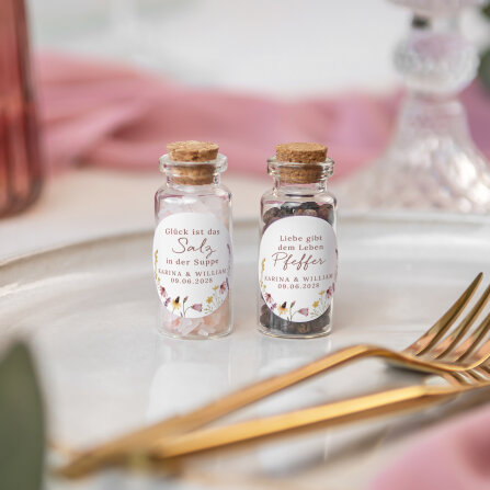 Gastgeschenk Mini Glasröhrchen mit Aufkleber Salz...