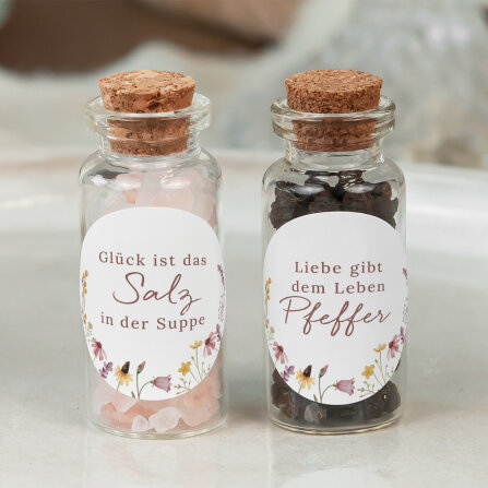 Gastgeschenk Mini Glasröhrchen mit Aufkleber Salz & Pfeffer "Wildromantische Blüten" 2er Set