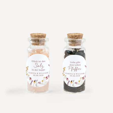Gastgeschenk Mini Glasröhrchen mit Aufkleber Salz & Pfeffer "Wildromantische Blüten" 2er Set