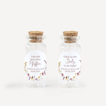 Gastgeschenk Mini Glasröhrchen mit Aufkleber Salz & Pfeffer "Wildromantische Blüten" 2er Set