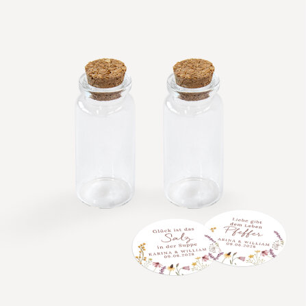 Gastgeschenk Mini Glasröhrchen mit Aufkleber Salz & Pfeffer "Wildromantische Blüten" 2er Set