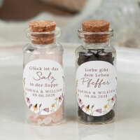 Gastgeschenk Mini Glasröhrchen mit Aufkleber Salz & Pfeffer "Wildromantische Blüten" 2er Set
