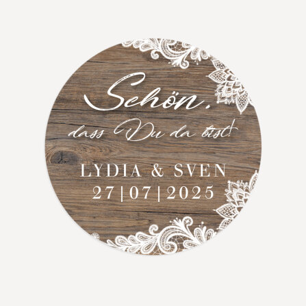 24 x Aufkleber Hochzeit "Holz und Spitze" 4 cm...
