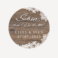 24 x Aufkleber Hochzeit "Holz und Spitze" 4 cm online selbst gestalten