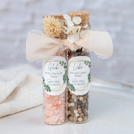 Gastgeschenk Glasröhrchen mit Aufkleber Salz &...