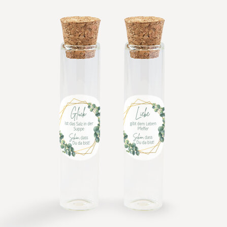 Gastgeschenk Glasröhrchen mit Aufkleber Salz & Pfeffer "Eukalyptus Geometrie" 2er Set unpersonalisiert