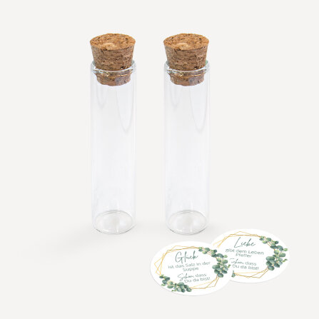 Gastgeschenk Glasröhrchen mit Aufkleber Salz & Pfeffer "Eukalyptus Geometrie" 2er Set unpersonalisiert