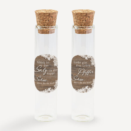 Gastgeschenk Glasröhrchen mit Aufkleber Salz & Pfeffer "Holz und Spitze" 2er Set unpersonalisiert