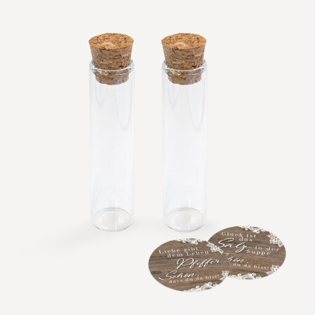 Gastgeschenk Glasröhrchen mit Aufkleber Salz & Pfeffer "Holz und Spitze" 2er Set unpersonalisiert