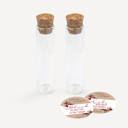 Gastgeschenk Glasröhrchen mit Aufkleber Salz & Pfeffer "Vintage rote Blumen" 2er Set online selbst gestalten