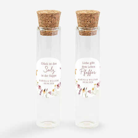 Gastgeschenk Glasröhrchen mit Aufkleber Salz & Pfeffer "Wildromantische Blüten" 2er Set