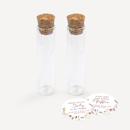 Gastgeschenk Glasröhrchen mit Aufkleber Salz & Pfeffer "Wildromantische Blüten" 2er Set