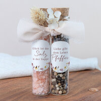 Gastgeschenk Glasröhrchen mit Aufkleber Salz & Pfeffer "Wildromantische Blüten" 2er Set
