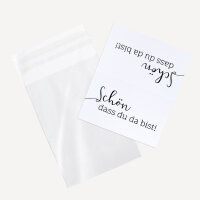 Gastgeschenk Tüte transparent mit Etikett "Minimalistisch" Schön, dass du da bist!