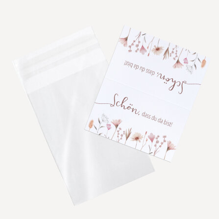 Gastgeschenk Tüte transparent mit Etikett "Wild Flowers" Schön, dass du da bist!