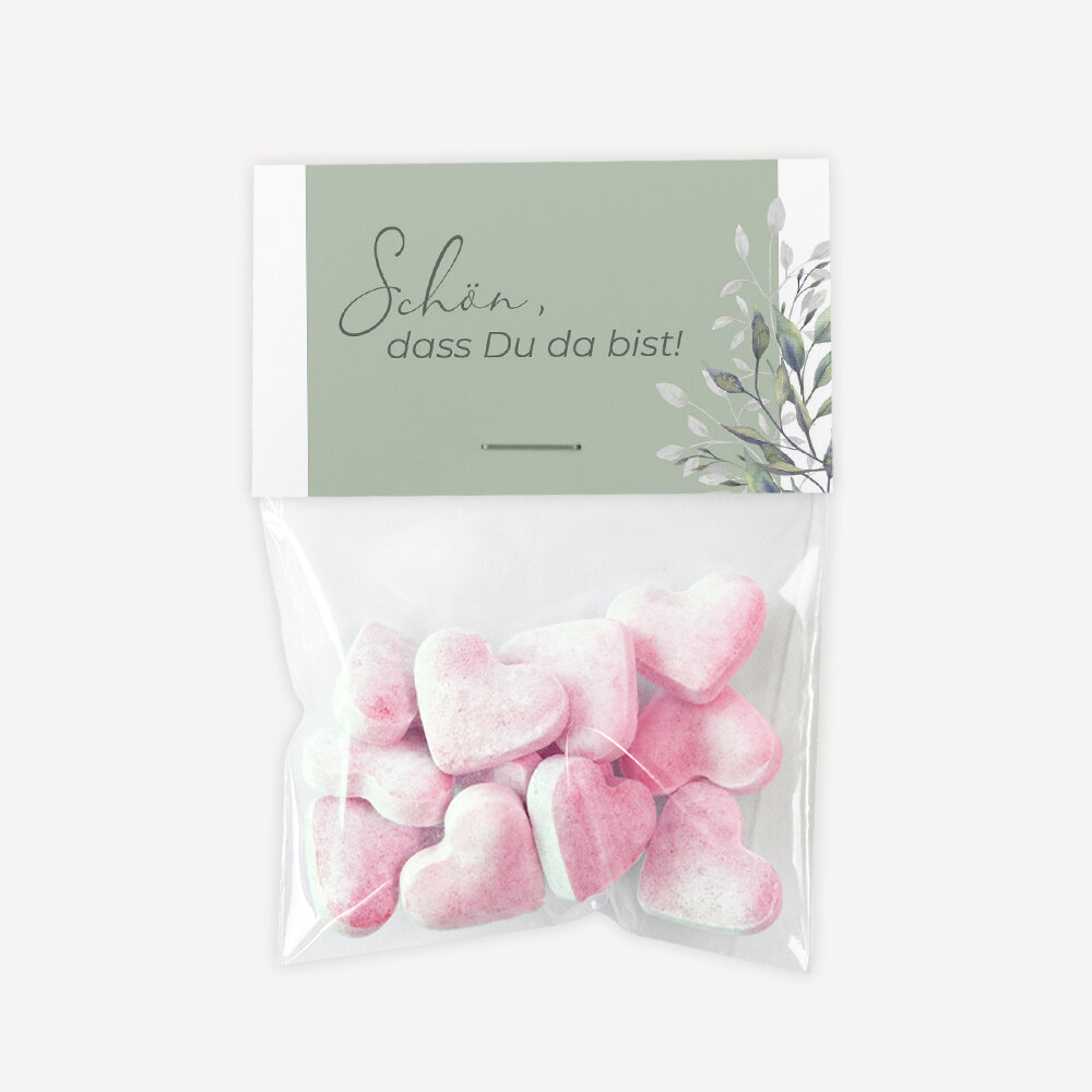 Gastgeschenk Tüte transparent mit Etikett "Blätter Salbei" Schön, dass Du da bist!
