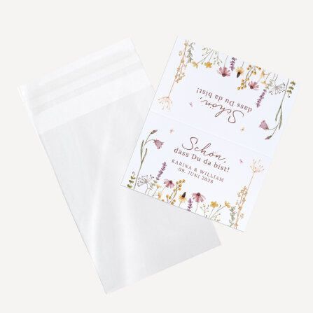 Gastgeschenk Tüte transparent mit Etikett "Wildromantische Blüten"