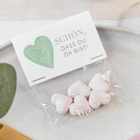 Gastgeschenk Tüte transparent mit Etikett "Herz"