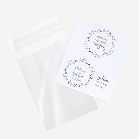 Gastgeschenk Tüte transparent mit Etikett "Blätterkranz blau"