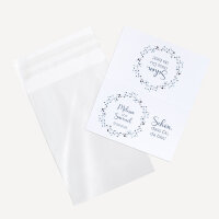 Gastgeschenk Tüte transparent mit Etikett "Blätterkranz blau"
