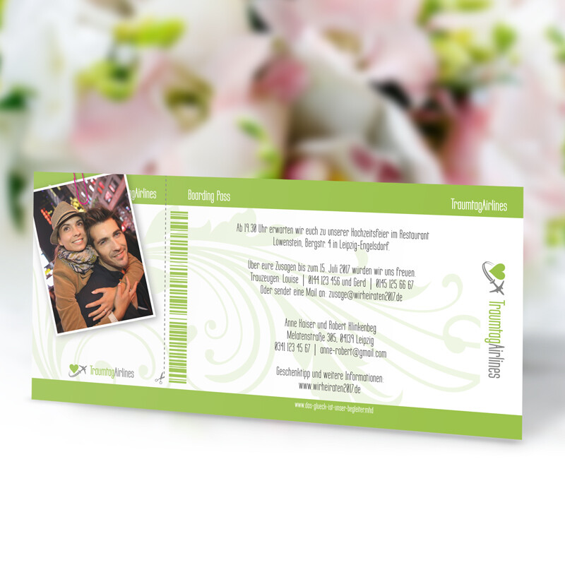 Einladungskarte Hochzeit Flugticket grün