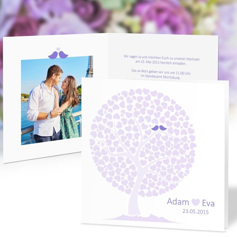 Einladungskarte Hochzeit Love Birds lila
