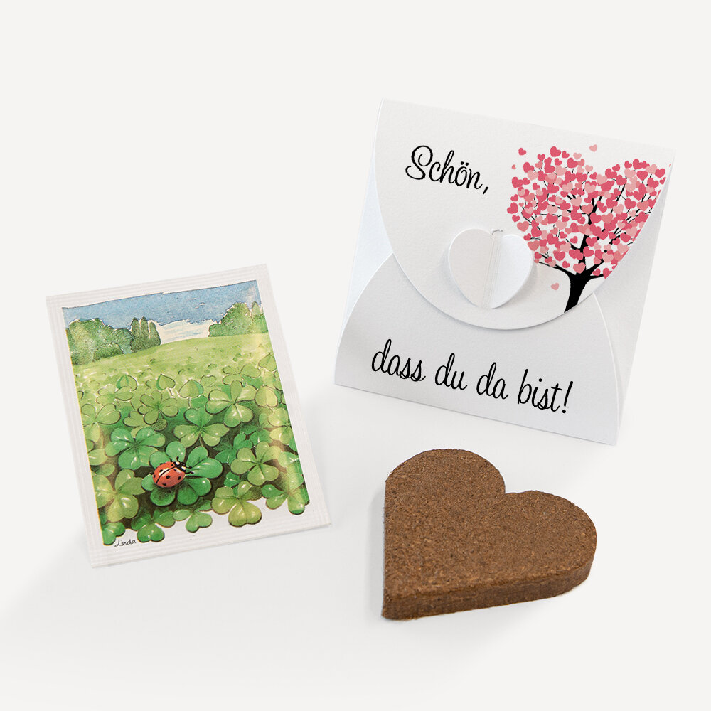 Gastgeschenk Anzuchtset Herz "Herzbaum" rosa Glücksklee Schön, dass du da bist!