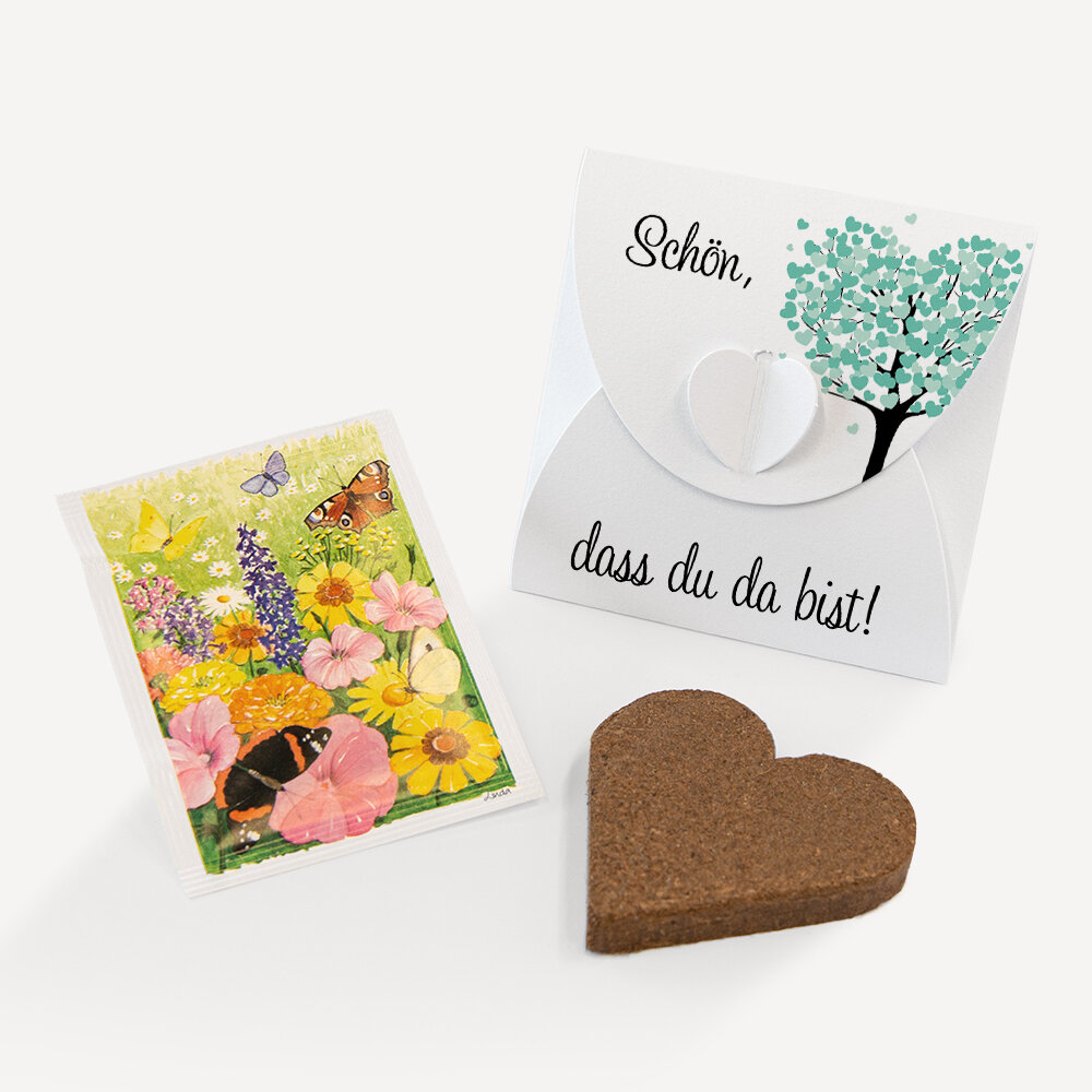 Gastgeschenk Anzuchtset Herz "Herzbaum" mint Blumenwiese Schön, dass du da bist!