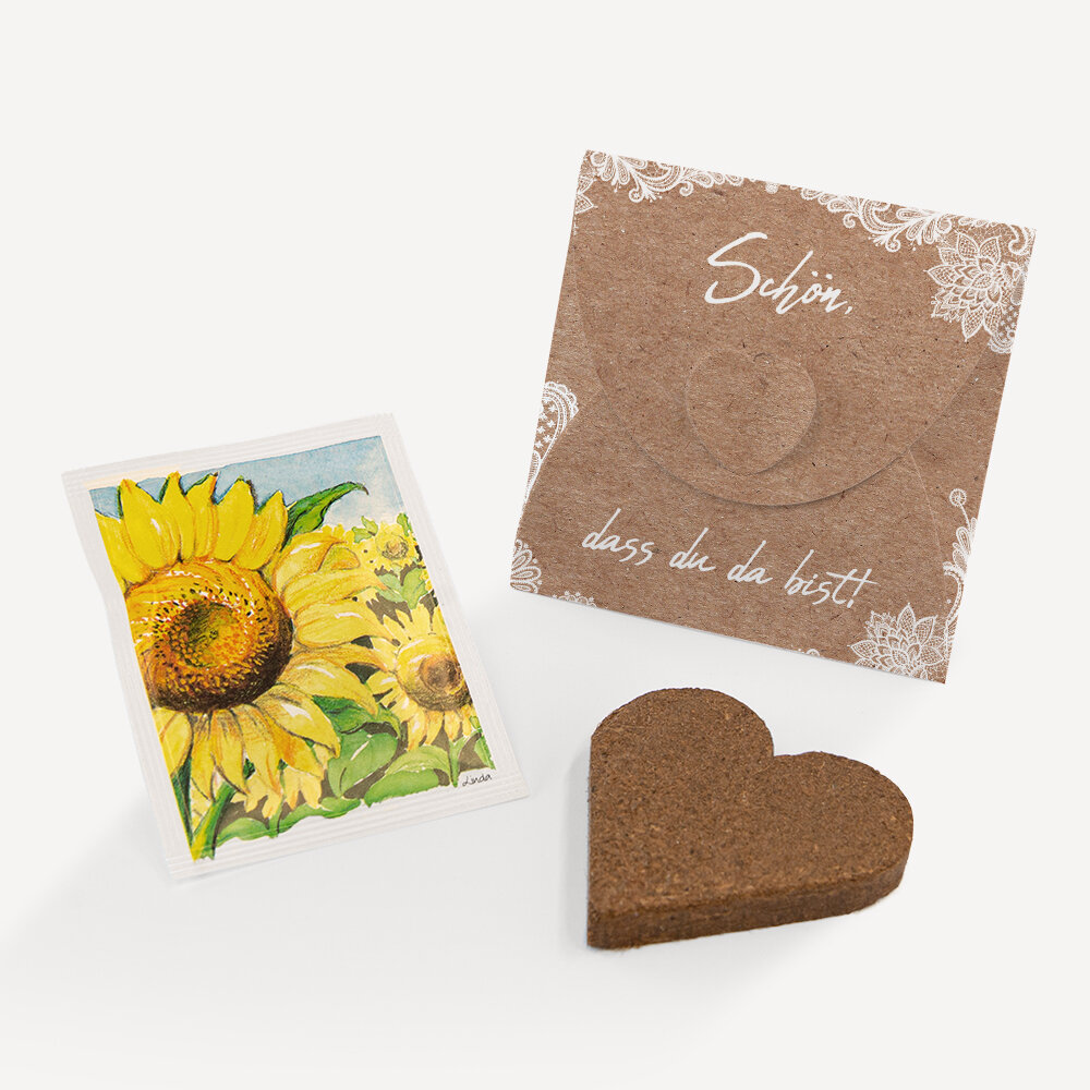Gastgeschenk Anzuchtset Herz "Vintage Spitze" Sonnenblume Schön, dass Du da bist!