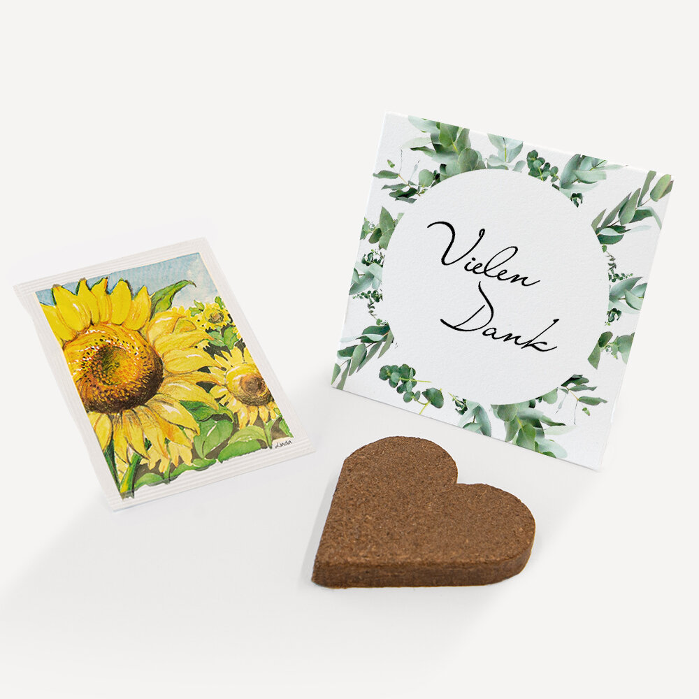 Gastgeschenk Anzuchtset Herz "Greenery" Sonnenblume Vielen Dank