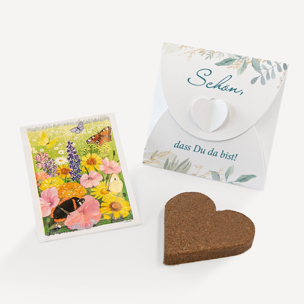 Gastgeschenk Anzuchtset Herz "Botanical Greenery" Blumenwiese Schön, dass Du da bist!