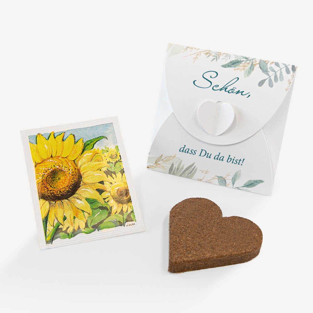 Gastgeschenk Anzuchtset Herz "Botanical Greenery" Sonnenblume Schön, dass Du da bist!
