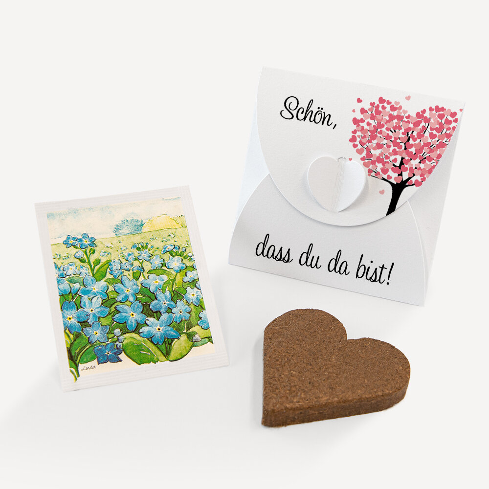 Gastgeschenk Anzuchtset Herz "Herzbaum" rosa Vergissmeinnicht Schön, dass du da bist!