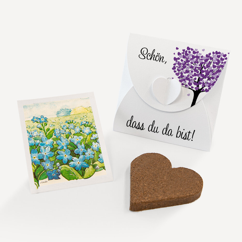 Gastgeschenk Anzuchtset Herz "Herzbaum" lila Vergissmeinnicht Schön, dass du da bist!