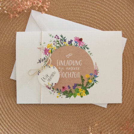 Hochzeitseinladung "Wildblumen" inkl. Anhänger & Band