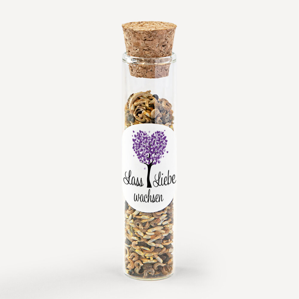 Gastgeschenk Glasröhrchen mit Korken und Aufkleber "Herzbaum" lila Lass Liebe wachsen