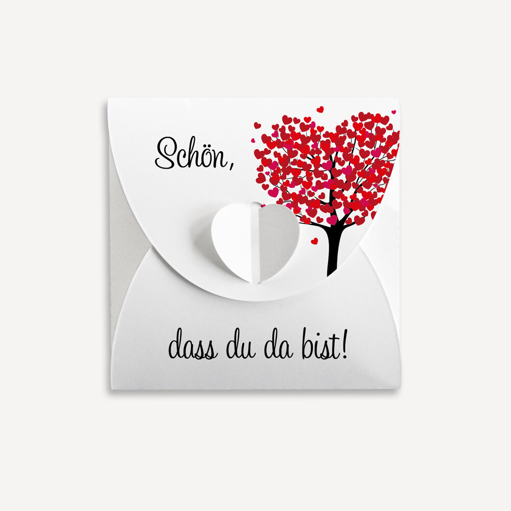 Mini Geschenkumschlag 8,5 x 8,5 cm "Herzbaum" rot Schön, dass du da bist!