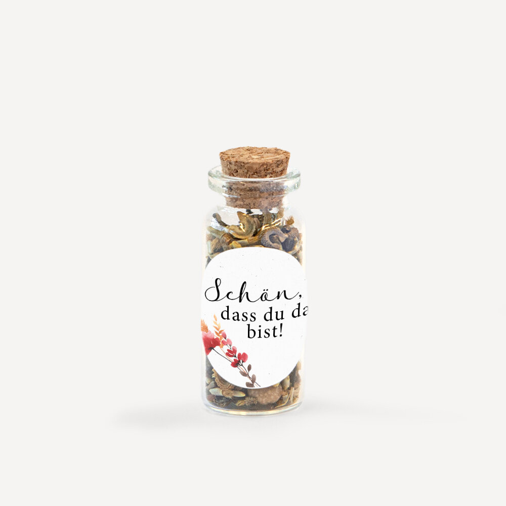 Gastgeschenk Mini Glasröhrchen mit Aufkleber "Trockenblumen Mohn" Schön, dass du da bist!