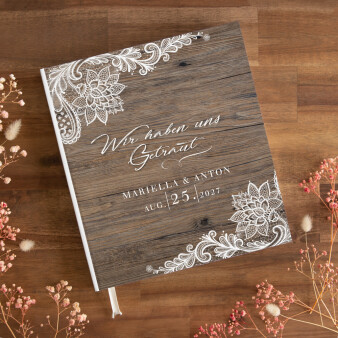 Gästebuch Hochzeit zum Ausfüllen "Holz und Spitze"