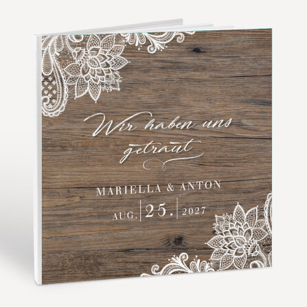 Gästebuch Hochzeit zum Ausfüllen "Holz und Spitze" inkl. personalisiertem Cover