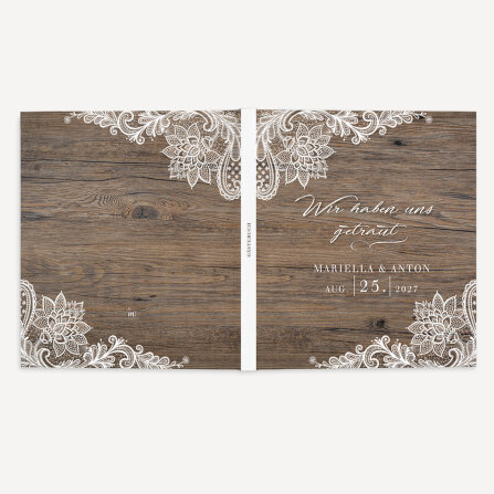 Gästebuch Hochzeit zum Ausfüllen "Holz und Spitze" inkl. personalisiertem Cover