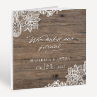 Gästebuch Hochzeit zum Ausfüllen "Holz und Spitze" inkl. personalisiertem Cover