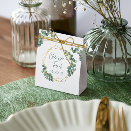 Gastgeschenk Aufsteller mit Tütchen "Eukalyptus Geometrie" online selbst gestalten