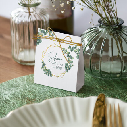Gastgeschenk Aufsteller mit Tütchen "Eukalyptus Geometrie" Schön, dass Du da bist!