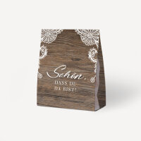 Gastgeschenk Aufsteller mit Tütchen "Holz & Spitze" Schön, dass Du da bist!