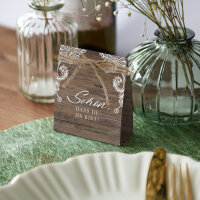 Gastgeschenk Aufsteller mit Tütchen "Holz & Spitze" Schön, dass Du da bist!