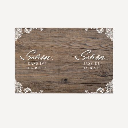 Gastgeschenk Mini Klappkarte "Holz und Spitze" Schön, dass Du da bist!