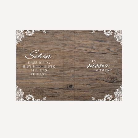 Gastgeschenk Mini Klappkarte "Holz und Spitze" Schön, dass Du da bist!